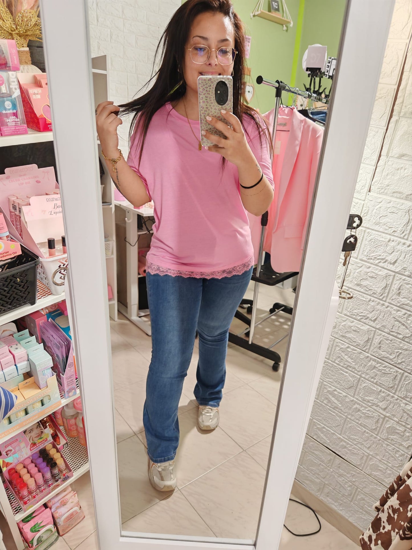 Camiseta Bajo Encaje Rosa LUM