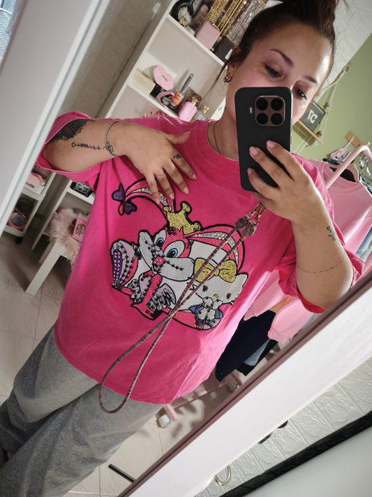 Camiseta Oversize Bugs & Kitty Strass - Fucsia Acid Wash